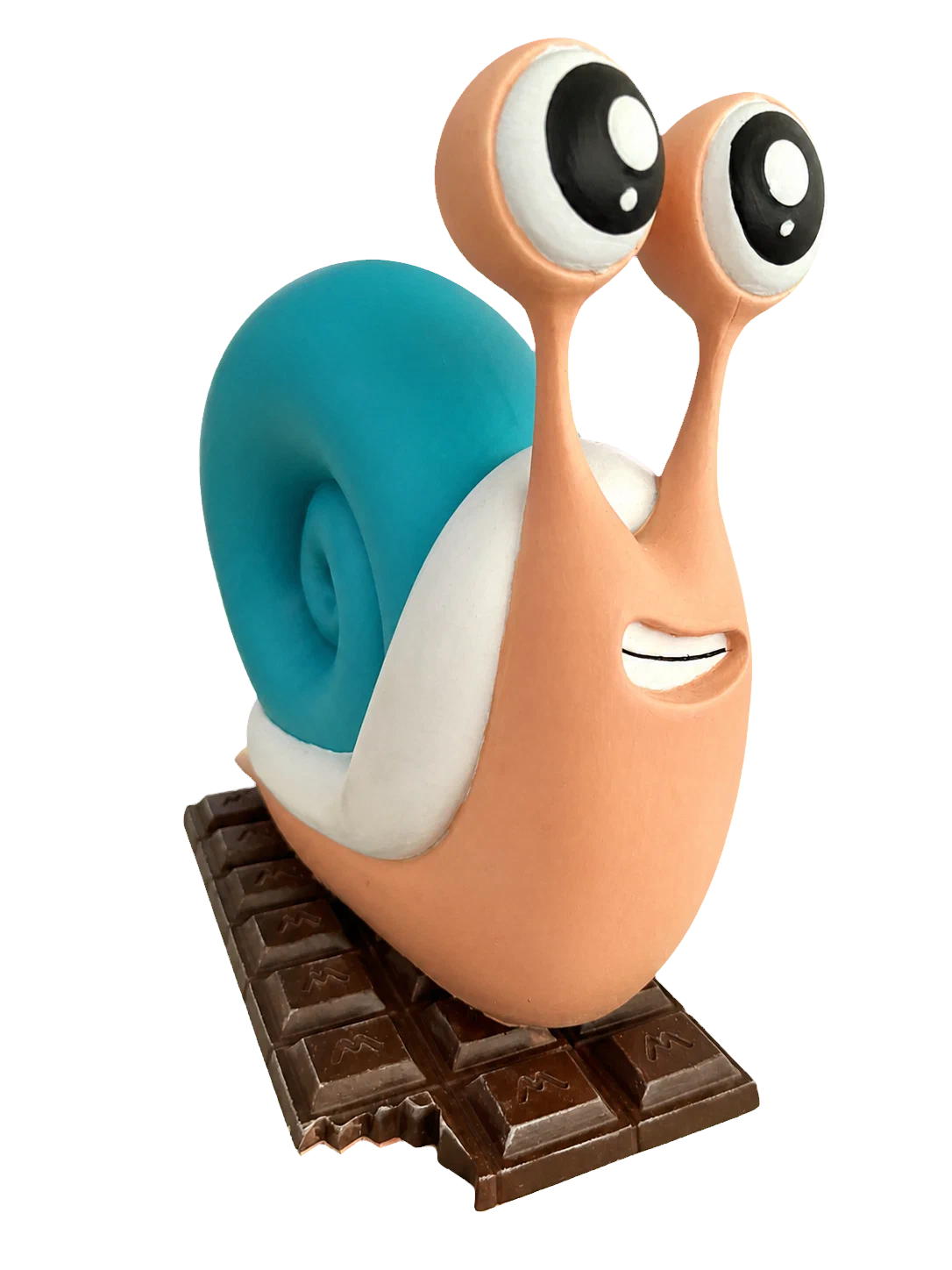 Painted 3D print of Ernesto standing on a chocolate-bar base